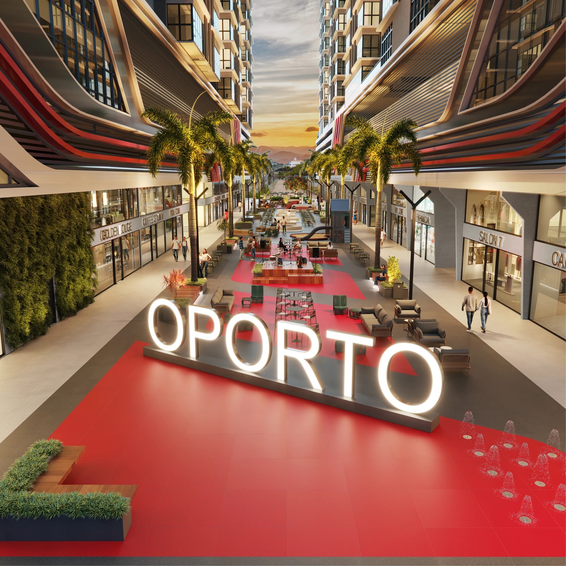 Perspectiva do boulevard do empreendimento Oporto