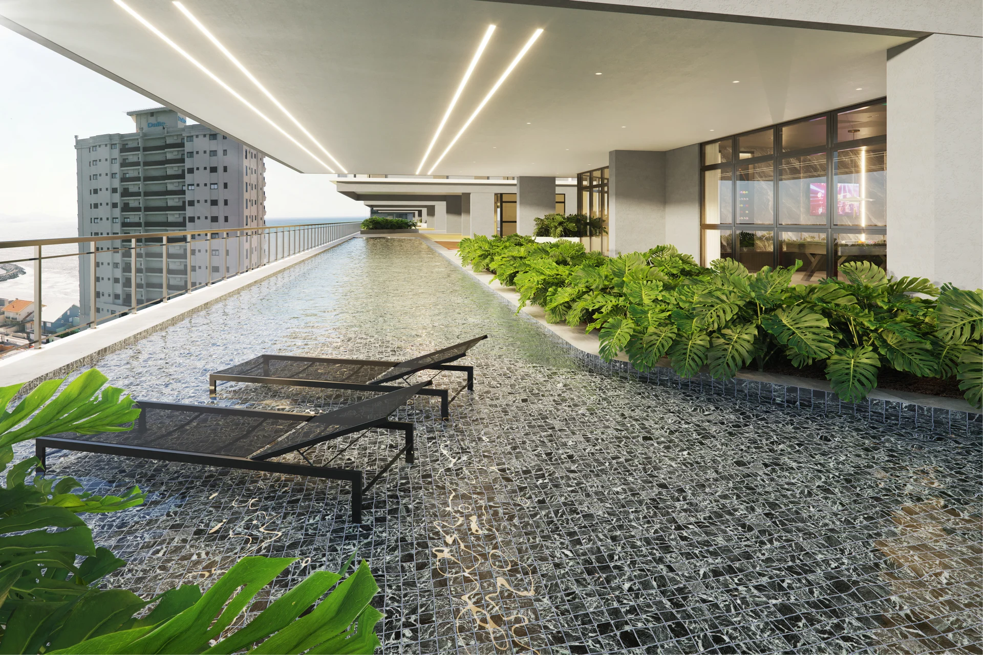 Perspectiva oficial da área de lazer com piscinas do Oporto